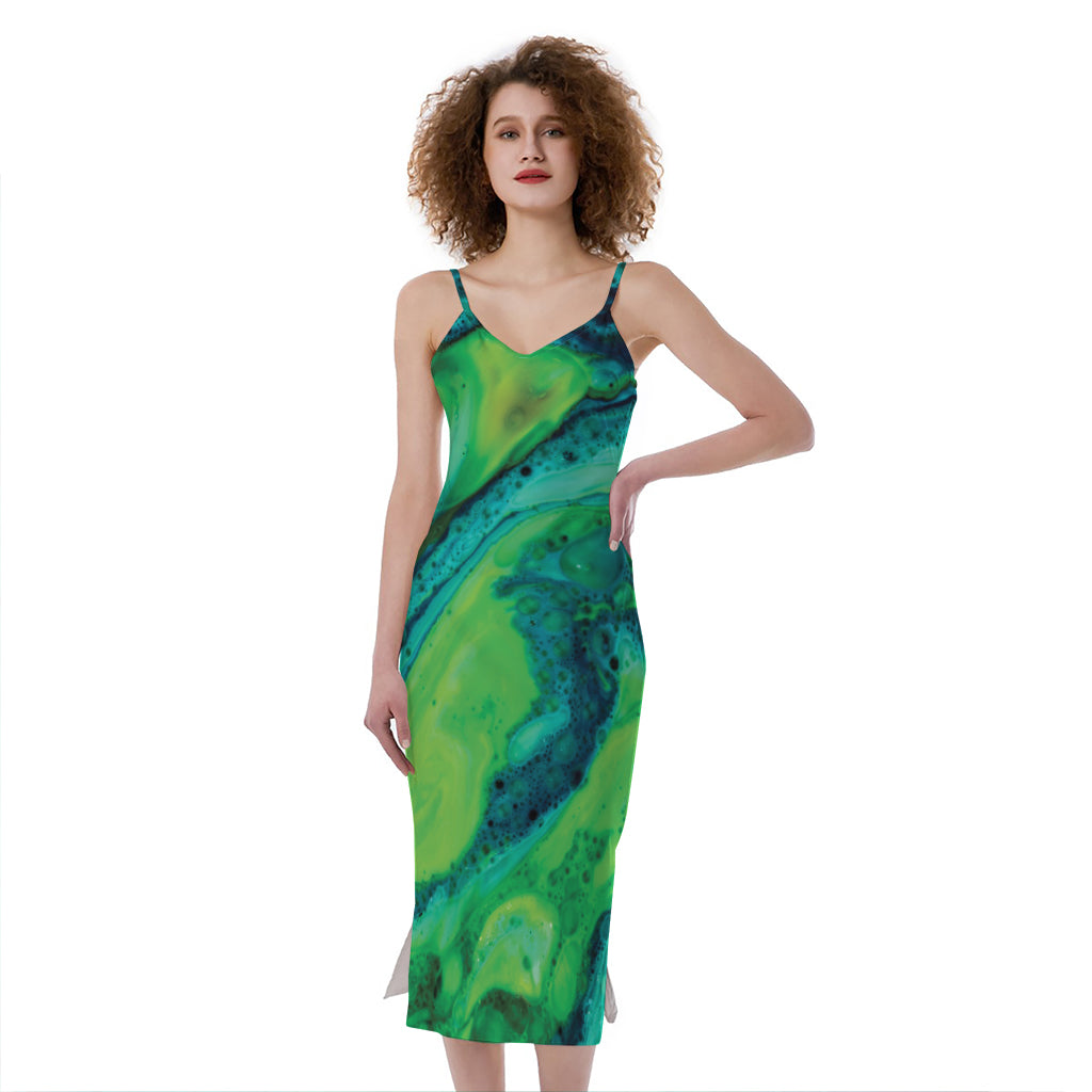 Turquoise And Green Acid Melt Print Slim Fit Midi Cami Dress