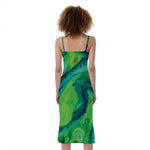 Turquoise And Green Acid Melt Print Slim Fit Midi Cami Dress