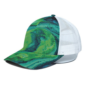 Turquoise And Green Acid Melt Print White Mesh Trucker Cap