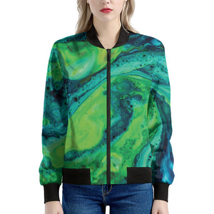 Turquoise And Green Acid Melt Print Women's Bomber Jacket