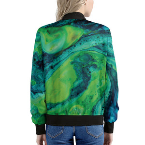 Turquoise And Green Acid Melt Print Women's Bomber Jacket