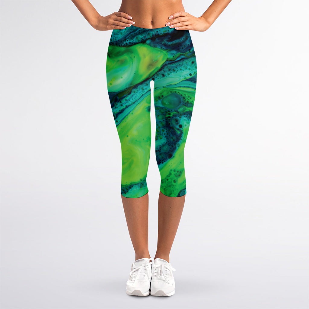 Turquoise And Green Acid Melt Print Women's Capri Leggings