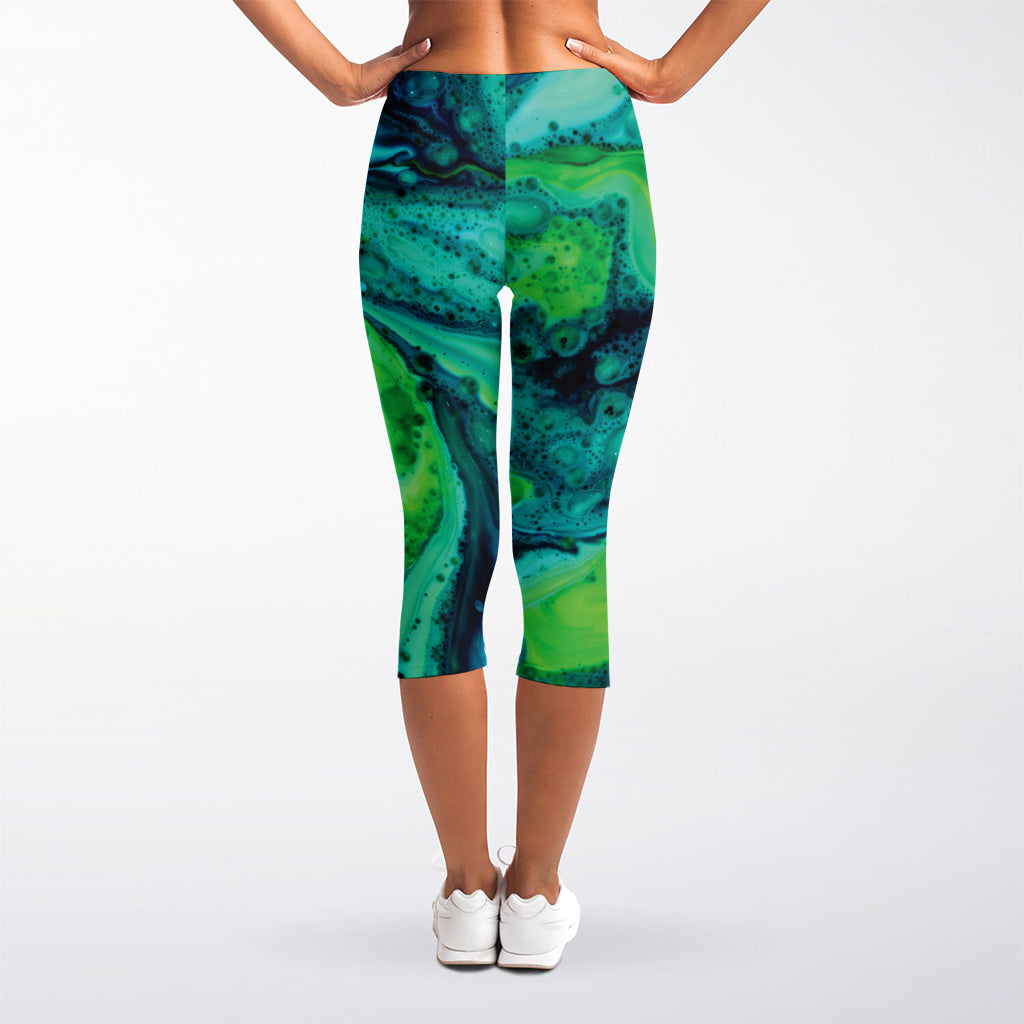 Turquoise And Green Acid Melt Print Women's Capri Leggings