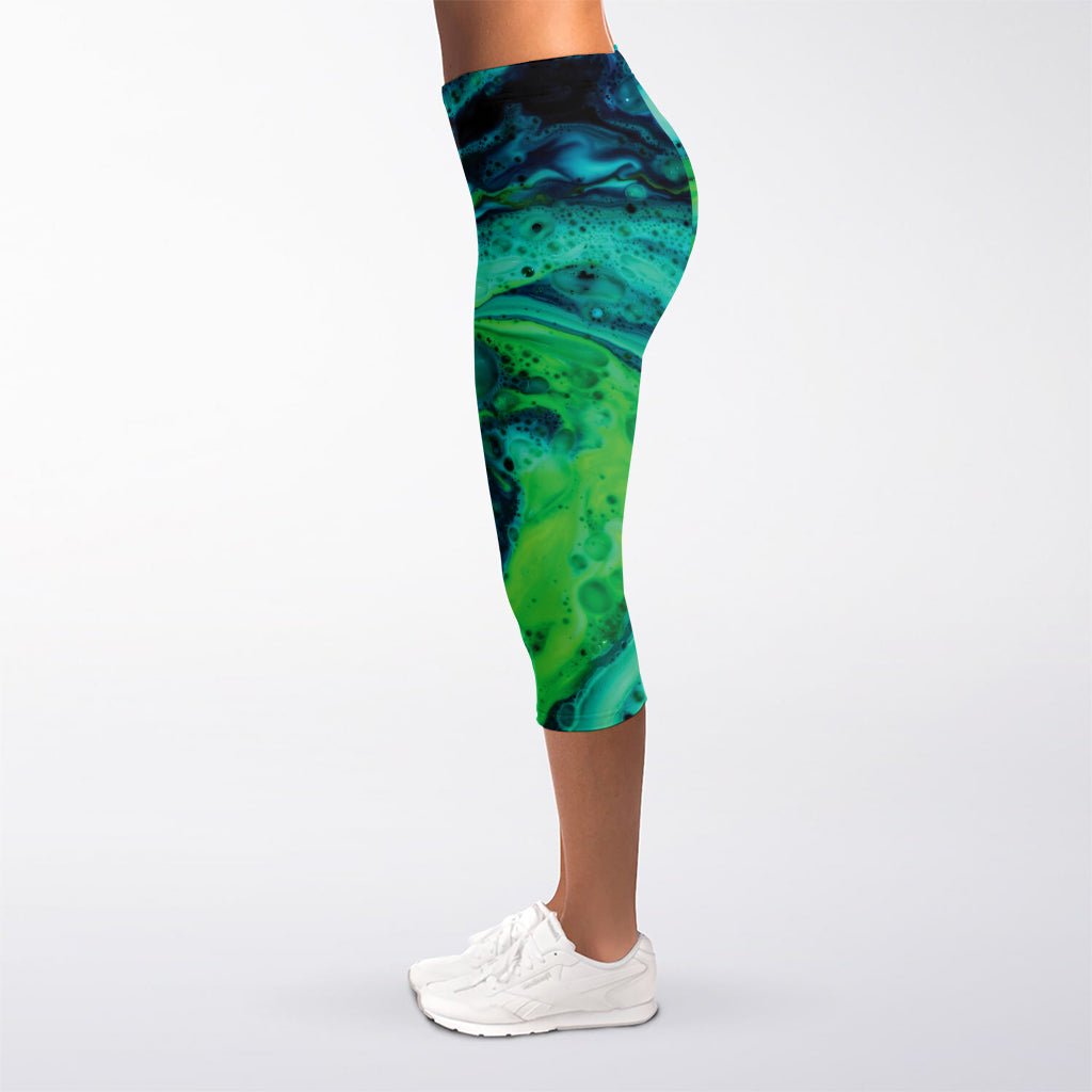 Turquoise And Green Acid Melt Print Women's Capri Leggings