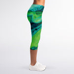 Turquoise And Green Acid Melt Print Women's Capri Leggings