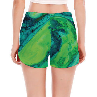 Turquoise And Green Acid Melt Print Women's Split Running Shorts