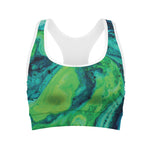 Turquoise And Green Acid Melt Print Women's Sports Bra