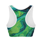 Turquoise And Green Acid Melt Print Women's Sports Bra