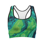Turquoise And Green Acid Melt Print Women's Sports Bra