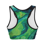 Turquoise And Green Acid Melt Print Women's Sports Bra
