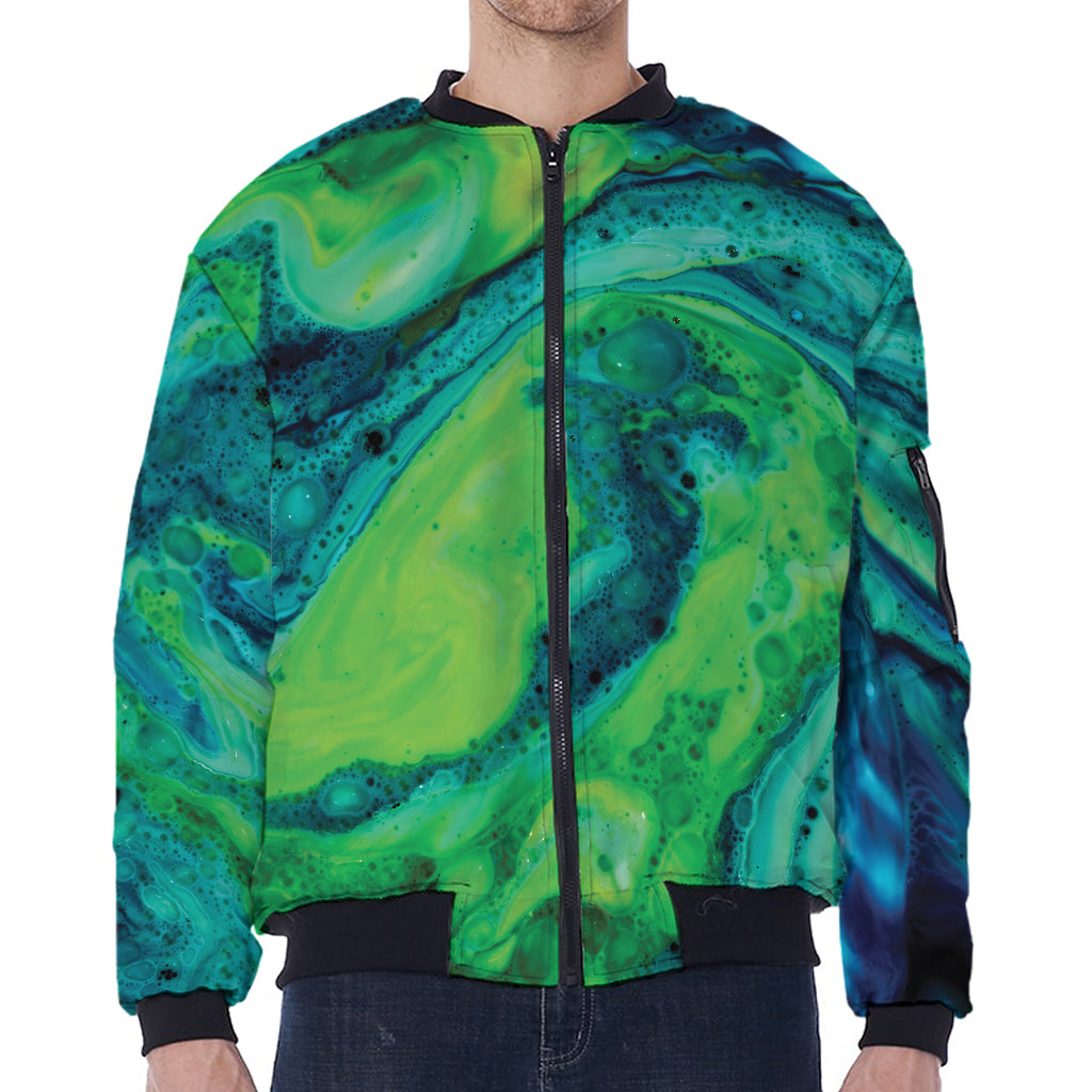 Turquoise And Green Acid Melt Print Zip Sleeve Bomber Jacket