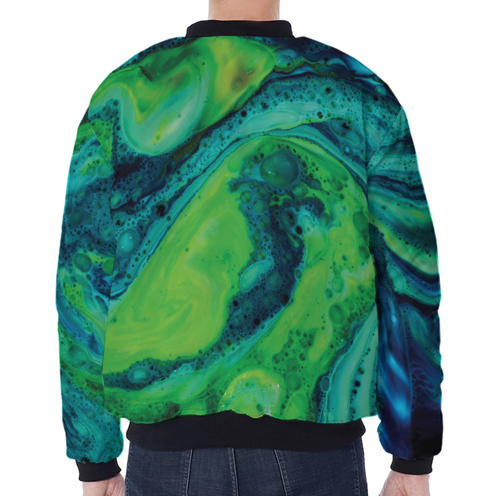 Turquoise And Green Acid Melt Print Zip Sleeve Bomber Jacket