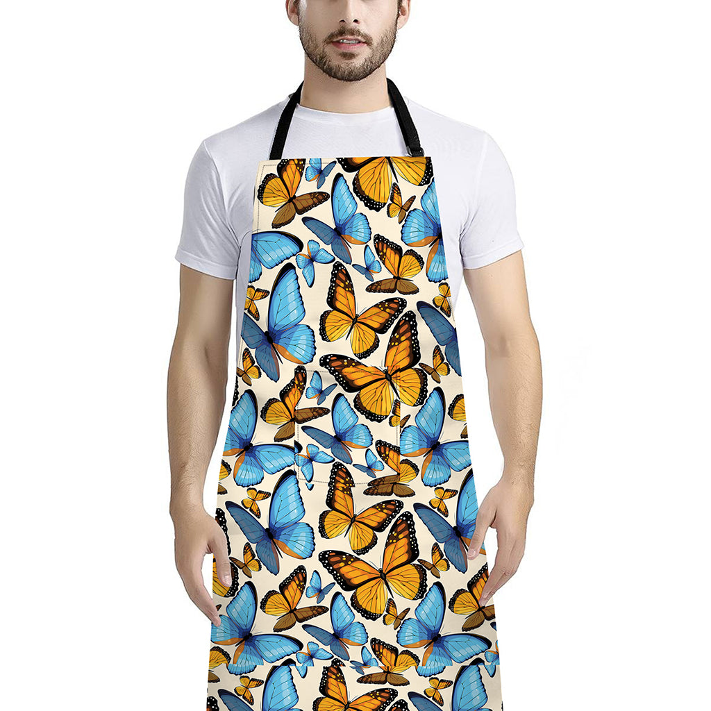 Turquoise And Orange Butterfly Print Bib Apron With Pocket