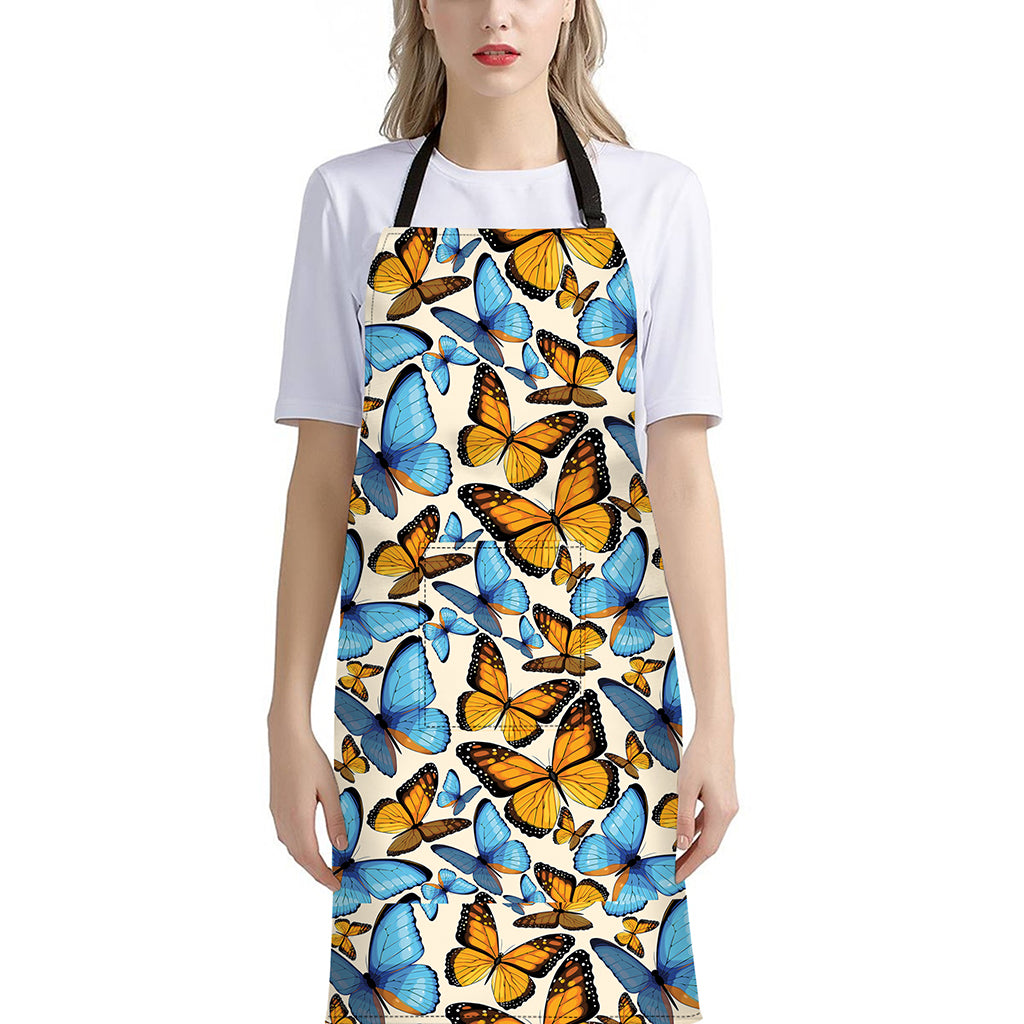 Turquoise And Orange Butterfly Print Bib Apron With Pocket