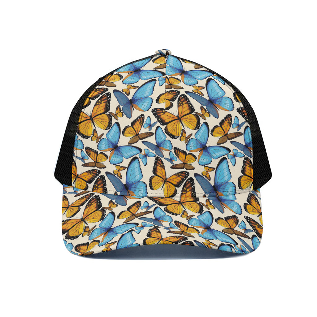 Turquoise And Orange Butterfly Print Black Mesh Trucker Cap