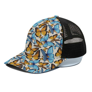 Turquoise And Orange Butterfly Print Black Mesh Trucker Cap