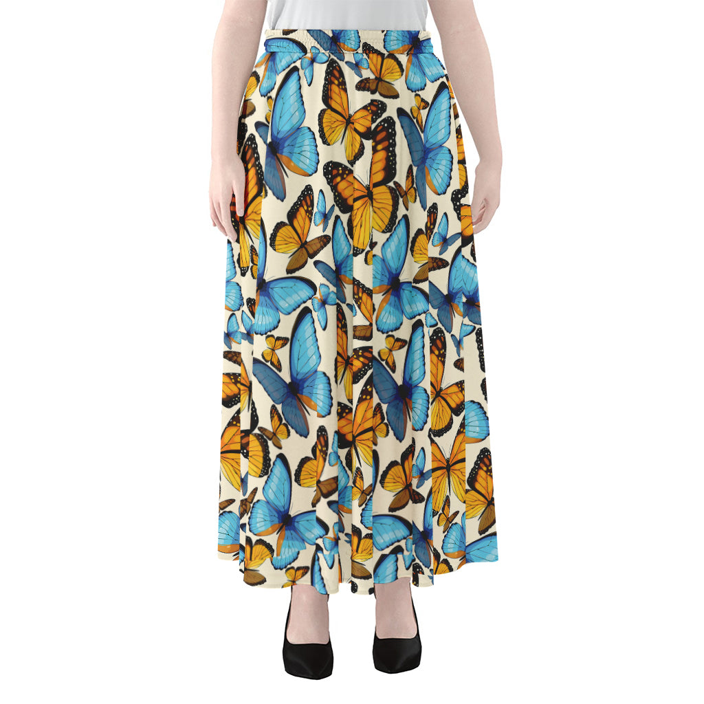 Turquoise And Orange Butterfly Print Chiffon Maxi Skirt