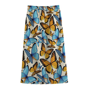 Turquoise And Orange Butterfly Print Cotton Front Slit Maxi Skirt