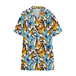 Turquoise And Orange Butterfly Print Cotton Hawaiian Shirt