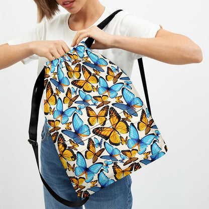 Turquoise And Orange Butterfly Print Drawstring Backpack