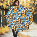 Turquoise And Orange Butterfly Print Foldable Umbrella