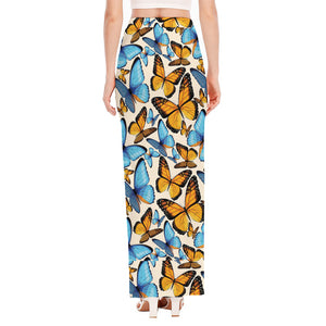 Turquoise And Orange Butterfly Print High Slit Maxi Skirt