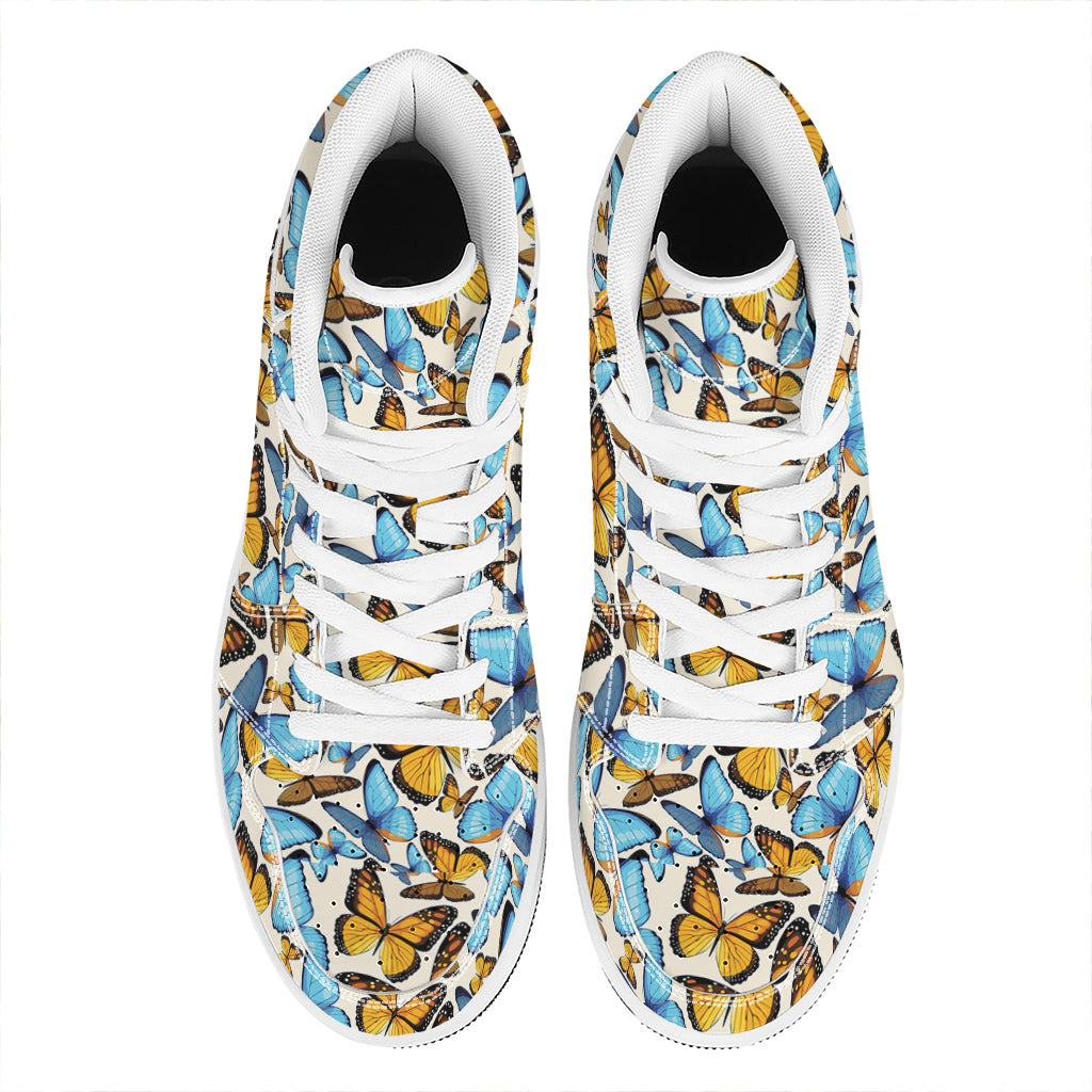 Turquoise And Orange Butterfly Print High Top Leather Sneakers