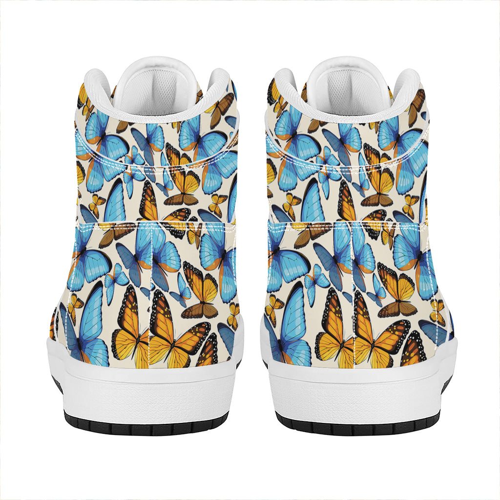 Turquoise And Orange Butterfly Print High Top Leather Sneakers