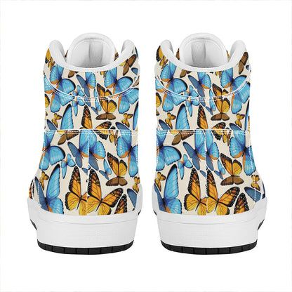 Turquoise And Orange Butterfly Print High Top Leather Sneakers