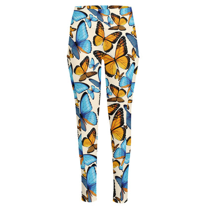 Turquoise And Orange Butterfly Print High-Waisted Pocket Leggings