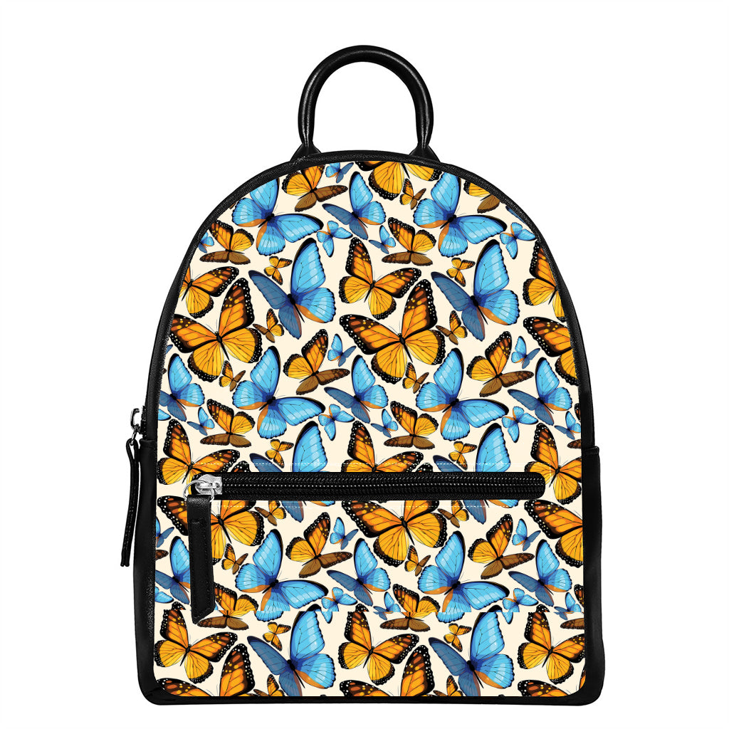 Turquoise And Orange Butterfly Print Leather Backpack
