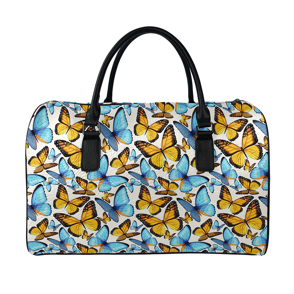 Turquoise And Orange Butterfly Print Leather Duffle Bag