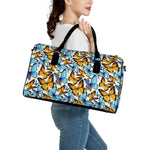 Turquoise And Orange Butterfly Print Leather Duffle Bag