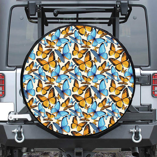 Turquoise And Orange Butterfly Print Leather Spare Tire Cover