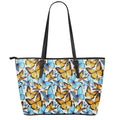 Turquoise And Orange Butterfly Print Leather Tote Bag With Zipper