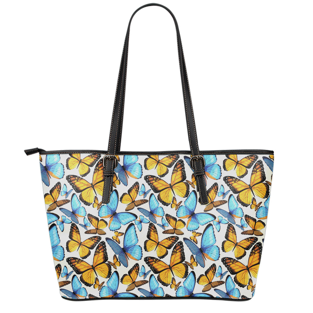 Turquoise And Orange Butterfly Print Leather Tote Bag