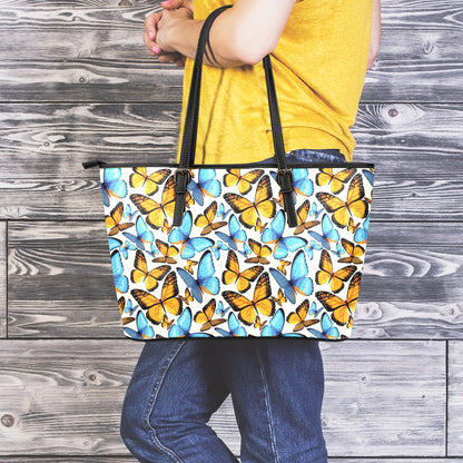 Turquoise And Orange Butterfly Print Leather Tote Bag