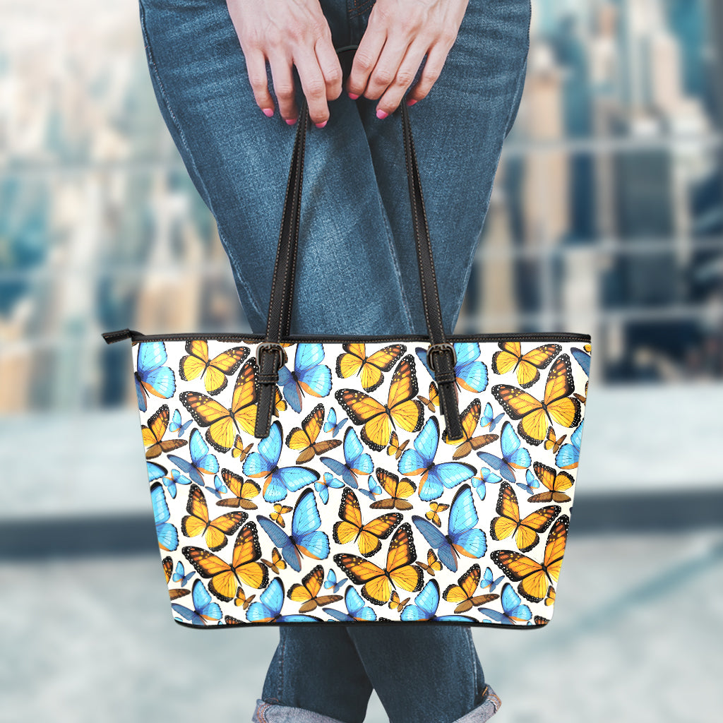 Turquoise And Orange Butterfly Print Leather Tote Bag