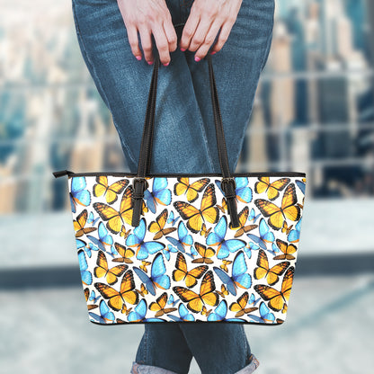 Turquoise And Orange Butterfly Print Leather Tote Bag