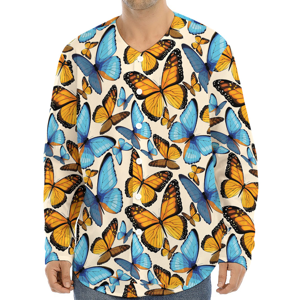 Turquoise And Orange Butterfly Print Long Sleeve Baseball Jersey