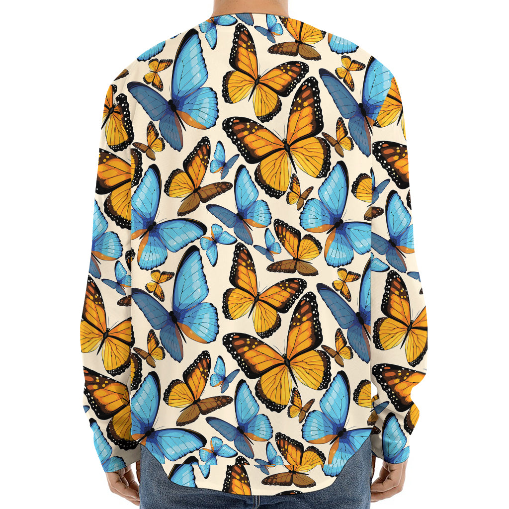 Turquoise And Orange Butterfly Print Long Sleeve Baseball Jersey