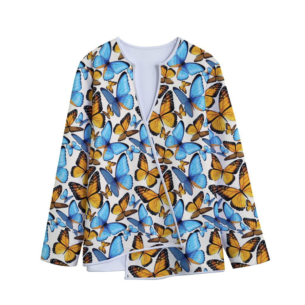 Turquoise And Orange Butterfly Print Long Sleeve Short Coat