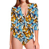 Turquoise And Orange Butterfly Print Long Sleeve Swimsuit