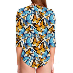 Turquoise And Orange Butterfly Print Long Sleeve Swimsuit