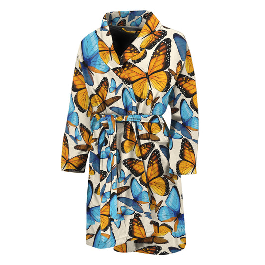 Turquoise And Orange Butterfly Print Men's Bathrobe