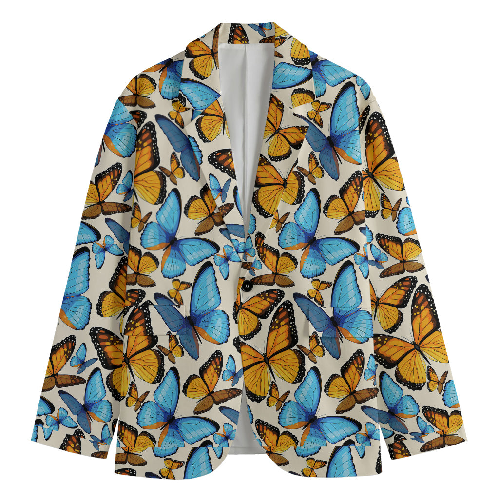 Turquoise And Orange Butterfly Print Men's Blazer