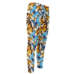 Turquoise And Orange Butterfly Print Men's Compression Pants