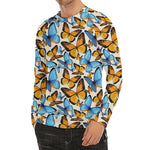 Turquoise And Orange Butterfly Print Men's Long Sleeve Rash Guard