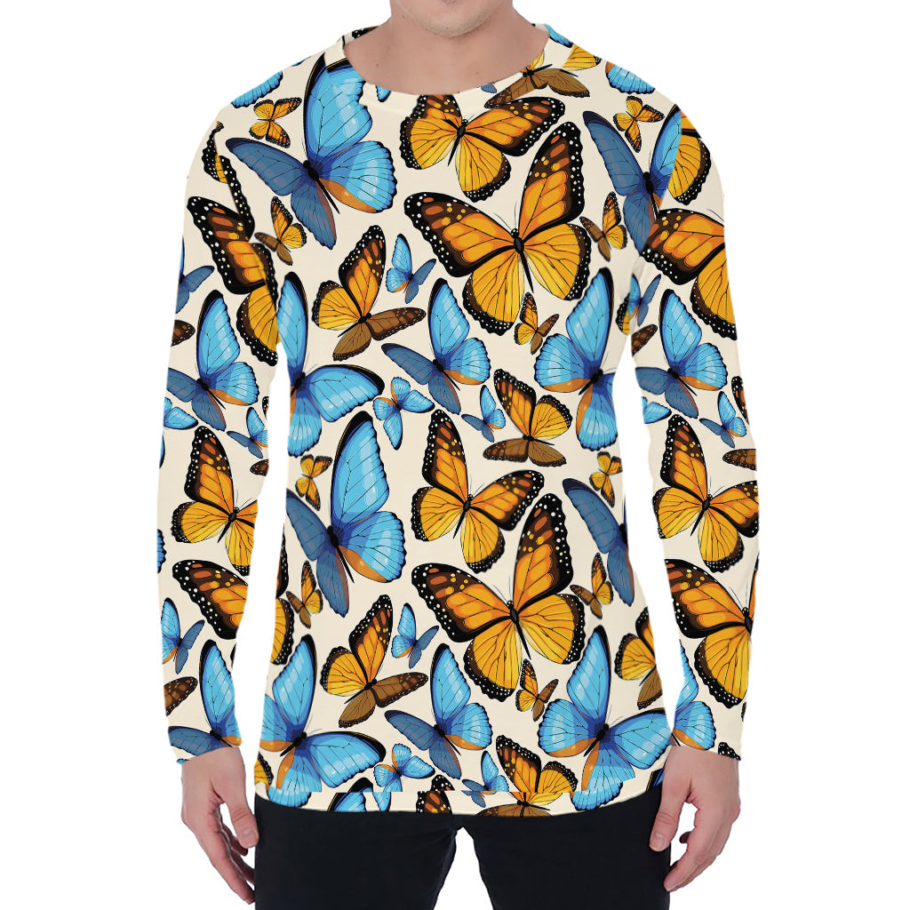 Turquoise And Orange Butterfly Print Men's Long Sleeve T-Shirt