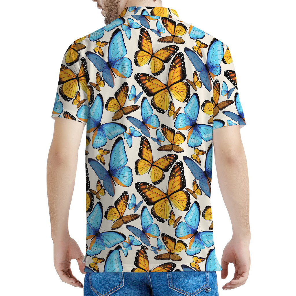 Turquoise And Orange Butterfly Print Men's Polo Shirt